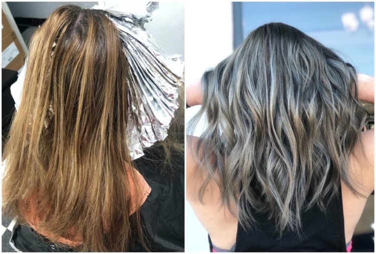 gray foil highlights on ash brown hair