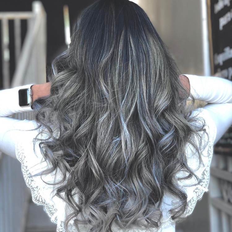 gray highlights on long black hair
