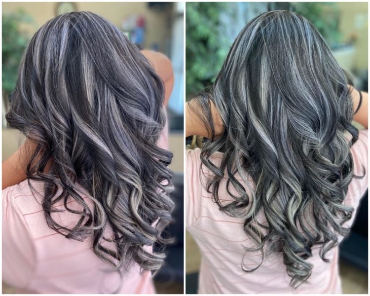 gray highlights on dark hair made with foils