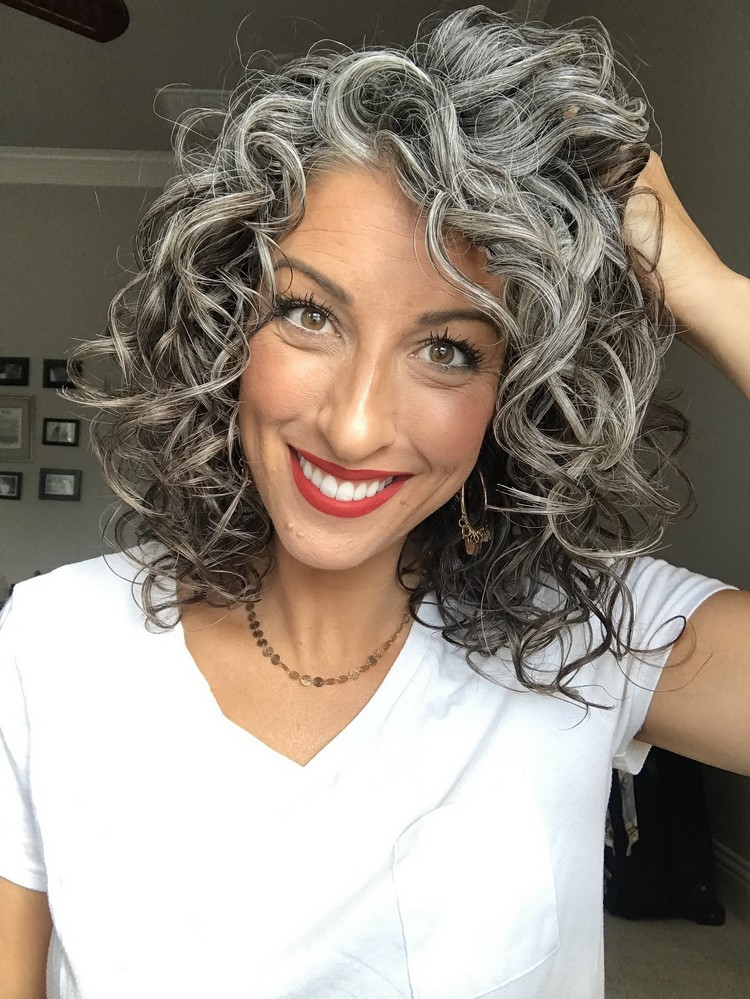 curly hairstyle for gray hair with highlights