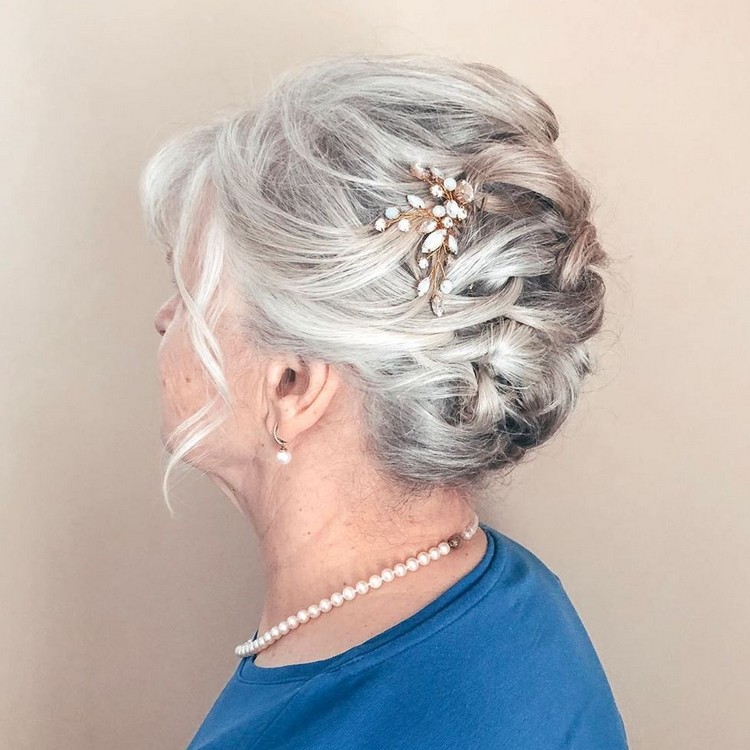 elegant updos for gray hair with hair accessories