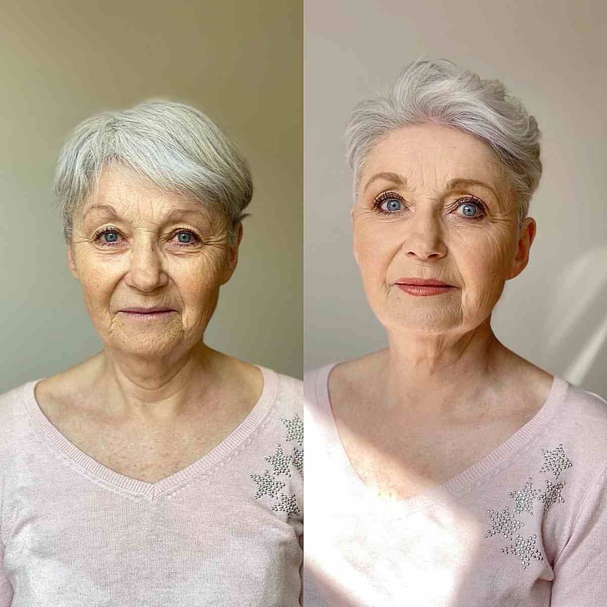 Estilo curto ondulado para trás para mulheres com mais de sessenta anos com cabelos grisalhos
